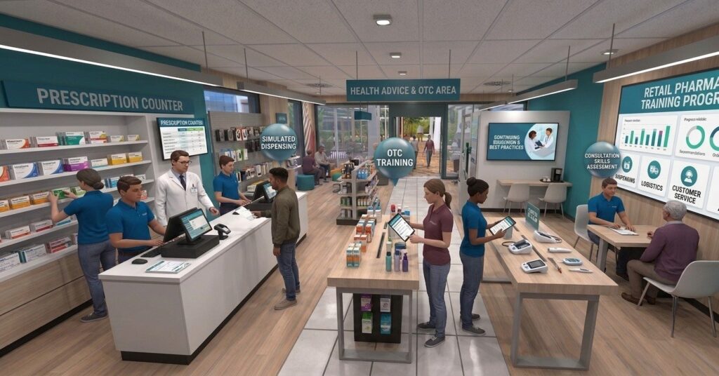 Capacitación en farmacias minoristas que protege la confianza: Juego de rol inmersivo con IA para la privacidad, la desescalada y las transferencias seguras